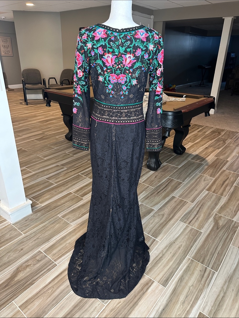 Tadashi Shoji Black Lace Maxi Dress with Pink & Green Floral Embroidery - Picture 4 of 4